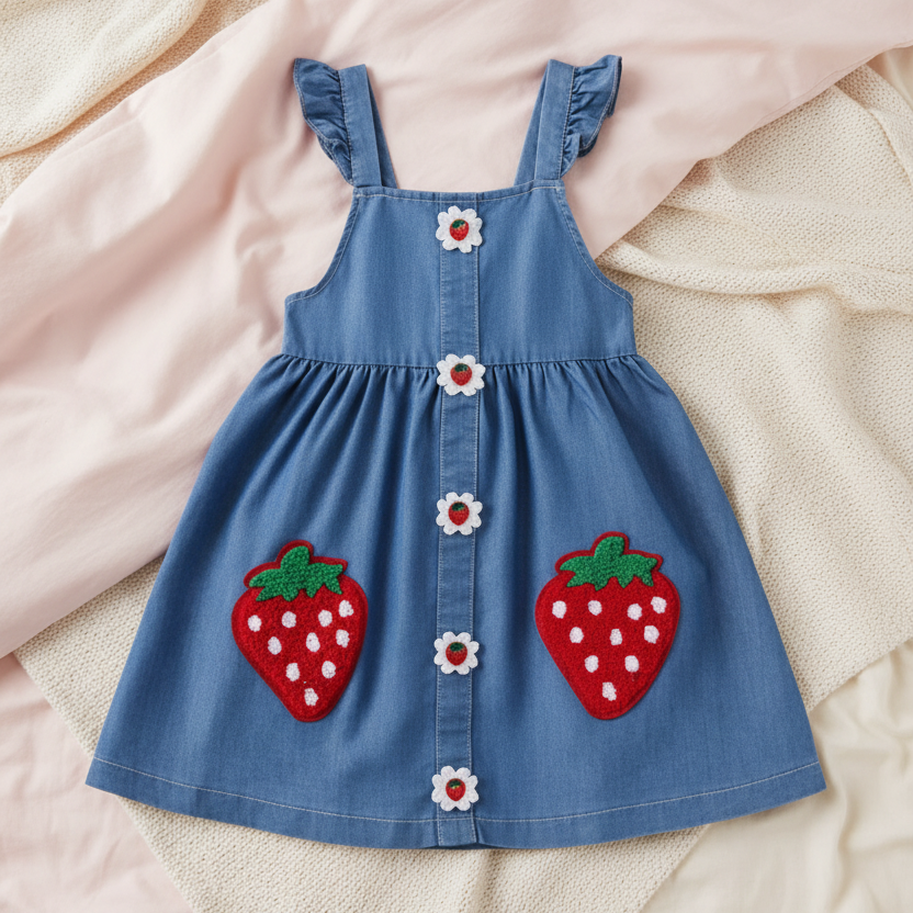 Vestido de Mezclilla con Tirantes y Fresas (1 pieza)