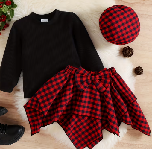 Conjunto de Suéter y Falda a Cuadros con Boina (3 piezas)
