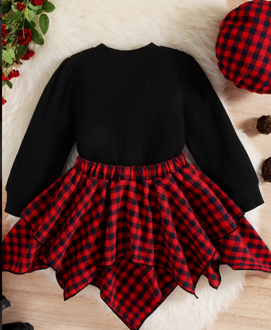 Conjunto de Suéter y Falda a Cuadros con Boina (3 piezas)