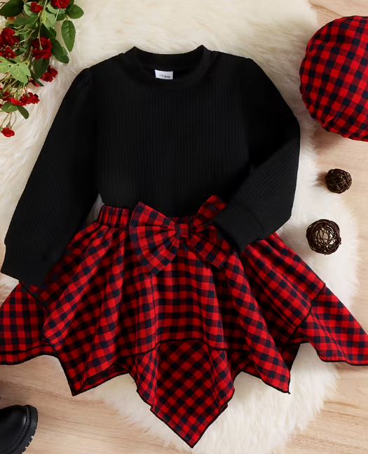 Conjunto de Suéter y Falda a Cuadros con Boina (3 piezas)