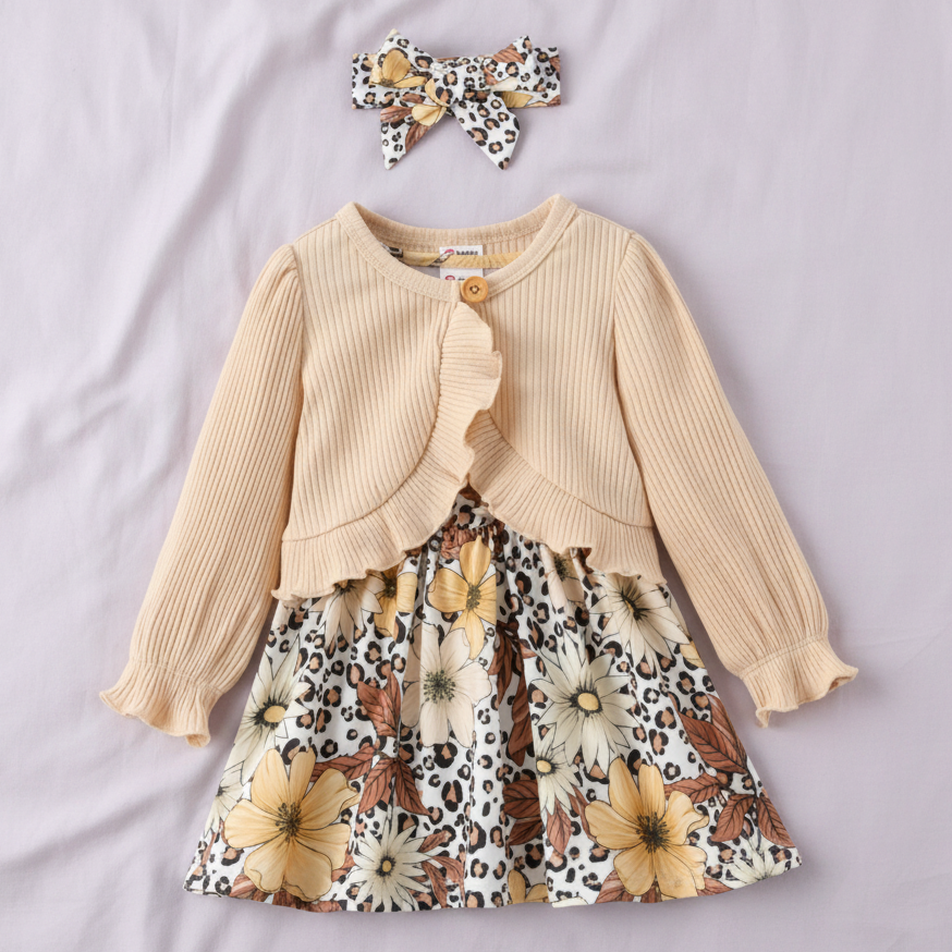 Conjunto de Vestido con Estampado de Leopardo y Flores con Torera y Diadema (3 piezas)