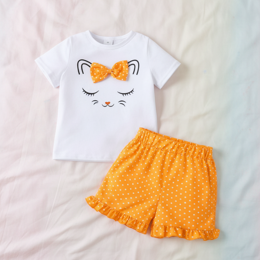 Conjunto de Blusa de Gatita y Short a Lunares (2 piezas)