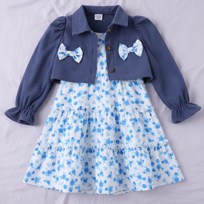Conjunto de Vestido Floreado y Torera de Pana (2 piezas)