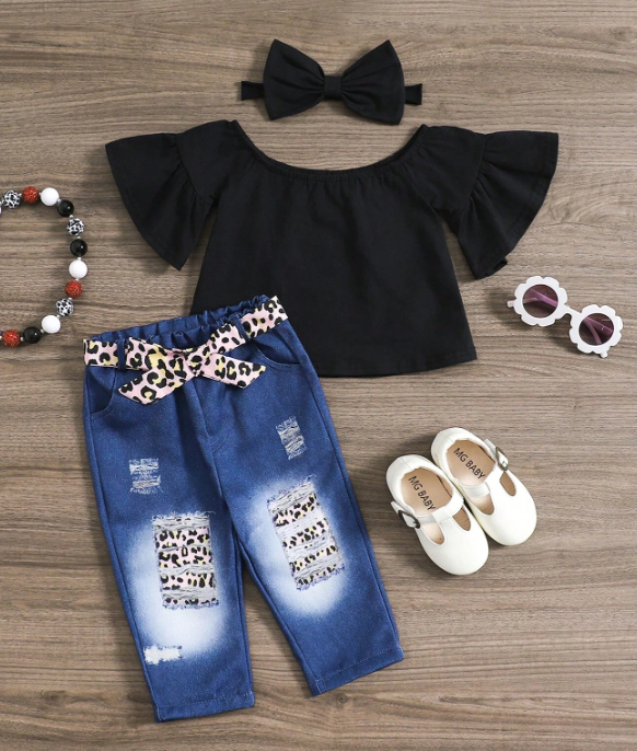 Conjunto de Blusa Campestre y Jean con Parches de Leopardo y Diadema (3 piezas)