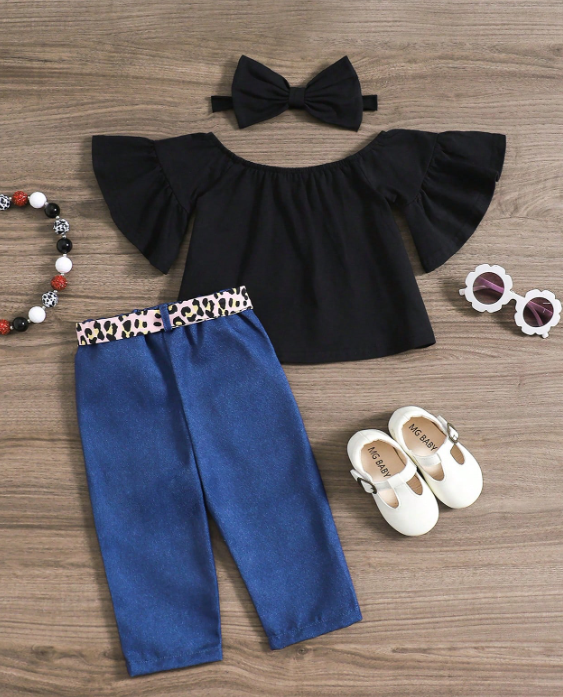 Conjunto de Blusa Campestre y Jean con Parches de Leopardo y Diadema (3 piezas)