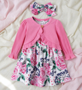 Conjunto de Vestido Floral con Mariposas, Torera Rosada y Diadema (3 piezas)