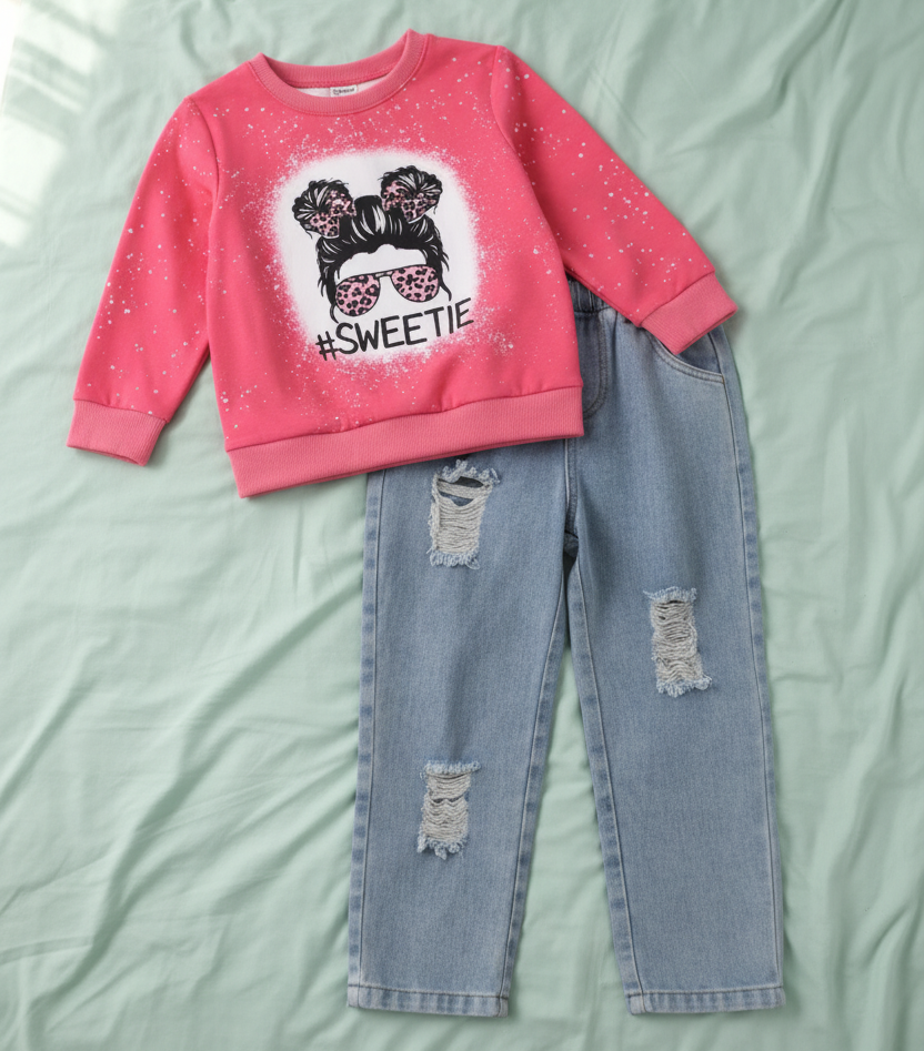 Conjunto de Sudadera #SWEETIE y Jean Desgastado (2 piezas)