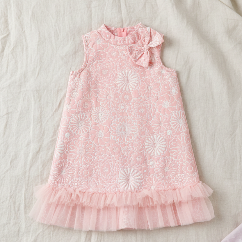 Vestido Floral Elegante en Rosa Pastel con Tul