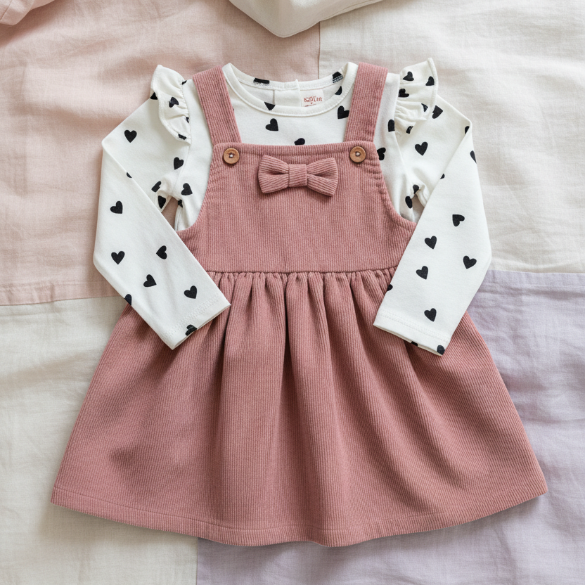 Conjunto de Jumper en Pana Rosa y Blusa de Corazones (2 piezas)