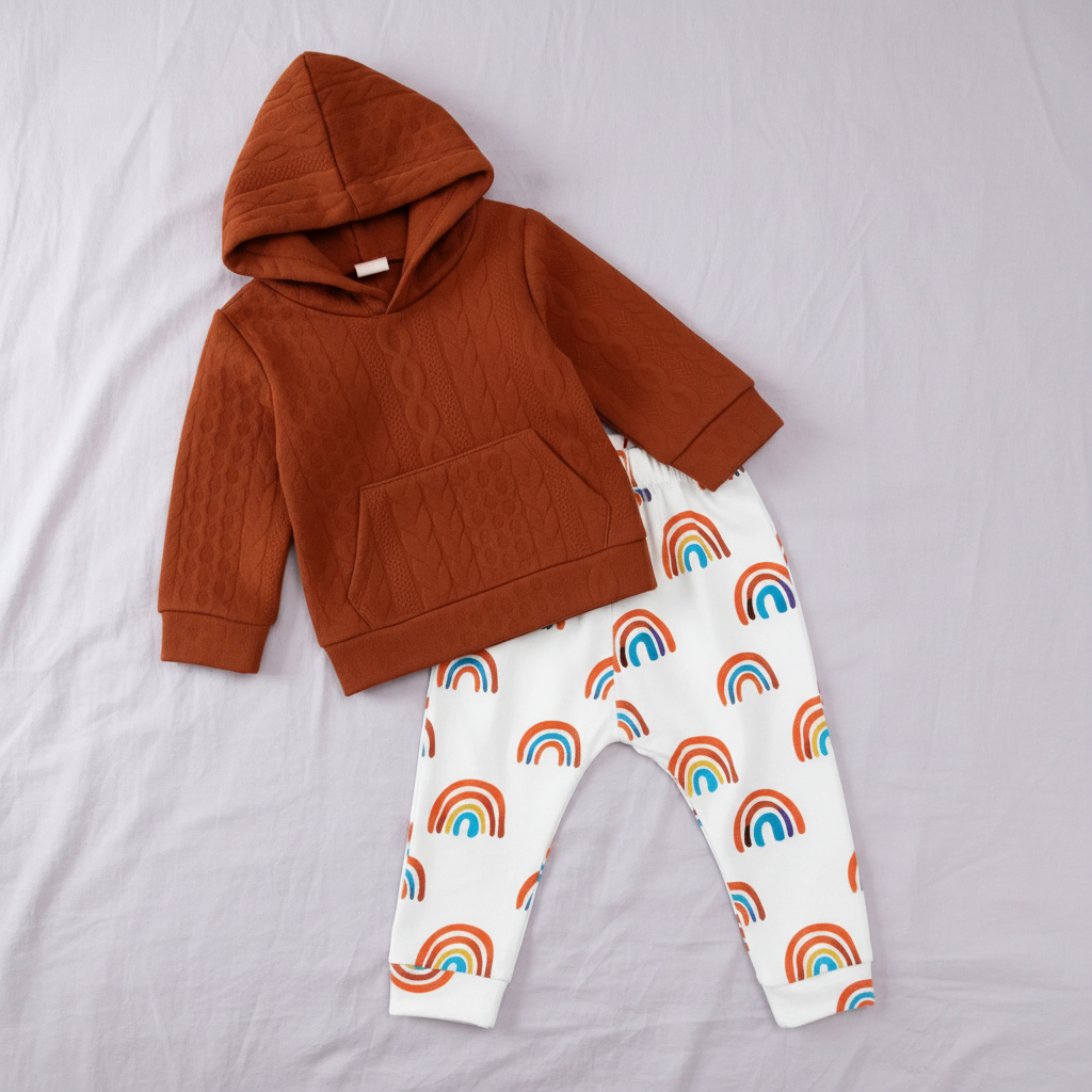 Conjunto de Sudadera con Capucha Terracota y Leggings de Arcoíris (2 piezas)