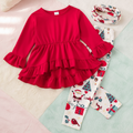 Conjunto Navideño Festivo con Camisa de Volantes y Leggings (3 piezas)