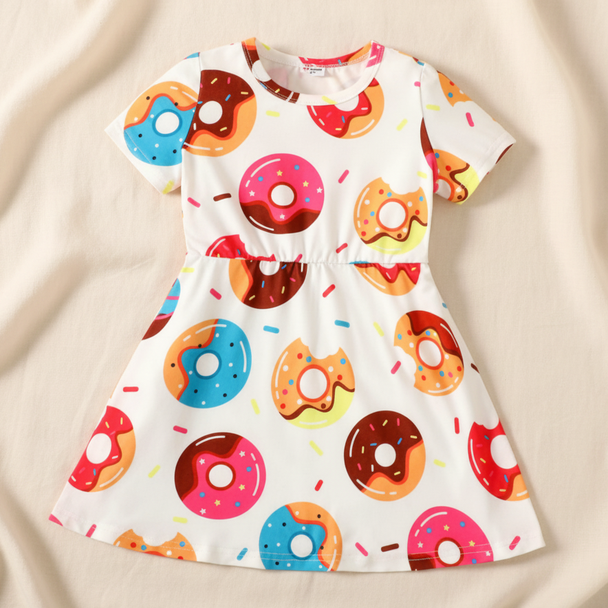 Vestido Casual Blanco con Estampado de Donas Coloridas