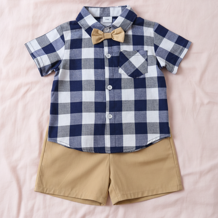 Conjunto Casual de Camisa a Cuadros con Pajarita y Short (2 piezas)