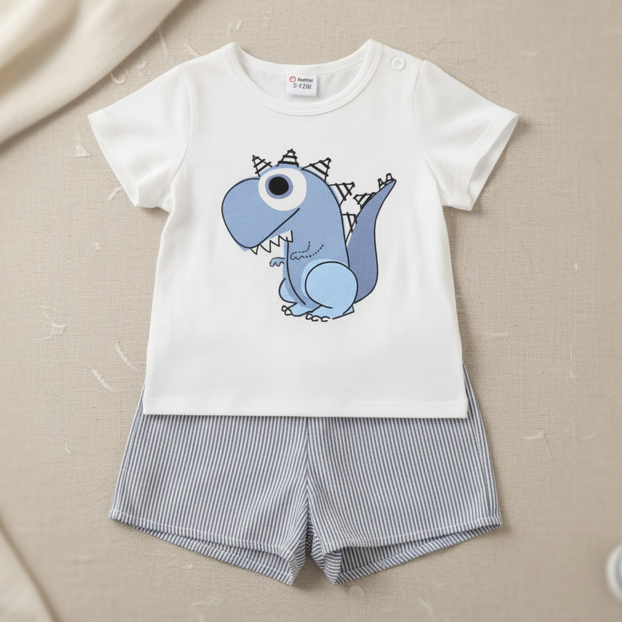 Conjunto Casual de Camiseta de Dinosaurio y Short a Rayas (2 piezas)