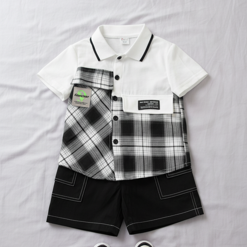 Conjunto Moderno Asimétrico de Camisa a Cuadros y Short Negro (2 piezas)