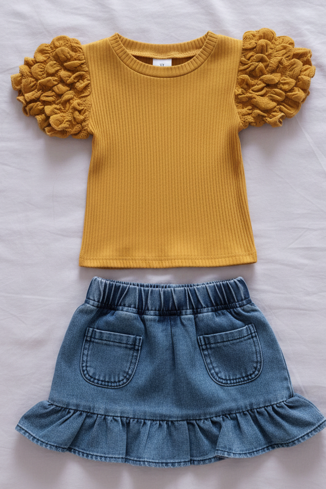 Conjunto Casual de Blusa Mostaza con Mangas de Textura y Falda de Mezclilla (2 piezas)
