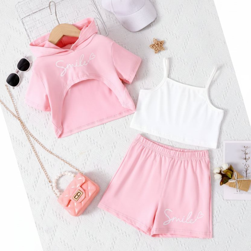 Conjunto Urbano de Sudadera Rosa con Top Blanco y Short (3 piezas)