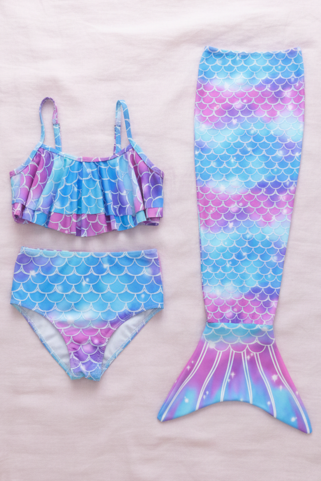 Traje de Baño de Sirena Multicolor con Olanes (3 piezas)