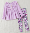 Conjunto Casual de Blusa Lila con Olanes y Leggings Floreados (2 piezas)