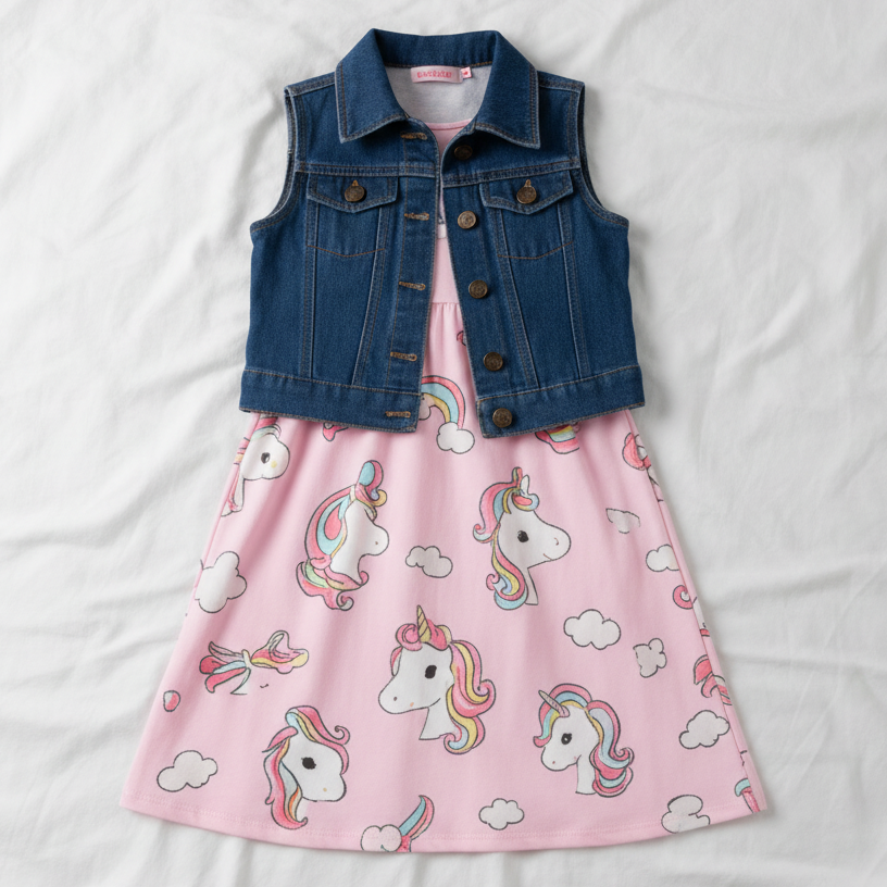 Conjunto de Vestido de Unicornios y Chaleco de Mezclilla (2 piezas)