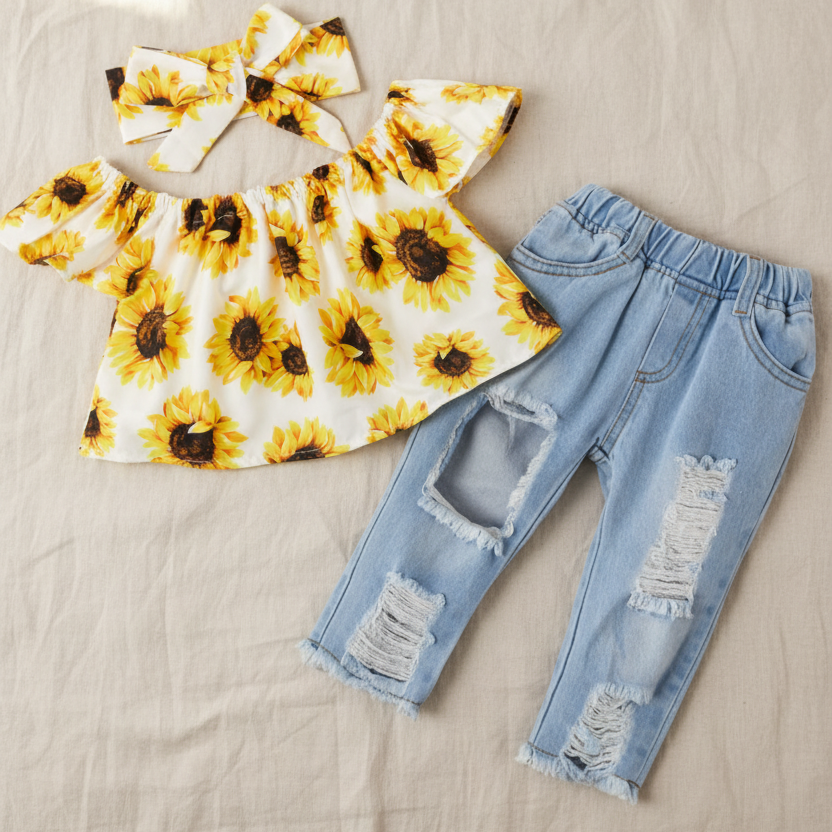 Conjunto de Blusa de Girasoles Off-Shoulder con Jeans Rasgados (2 piezas)