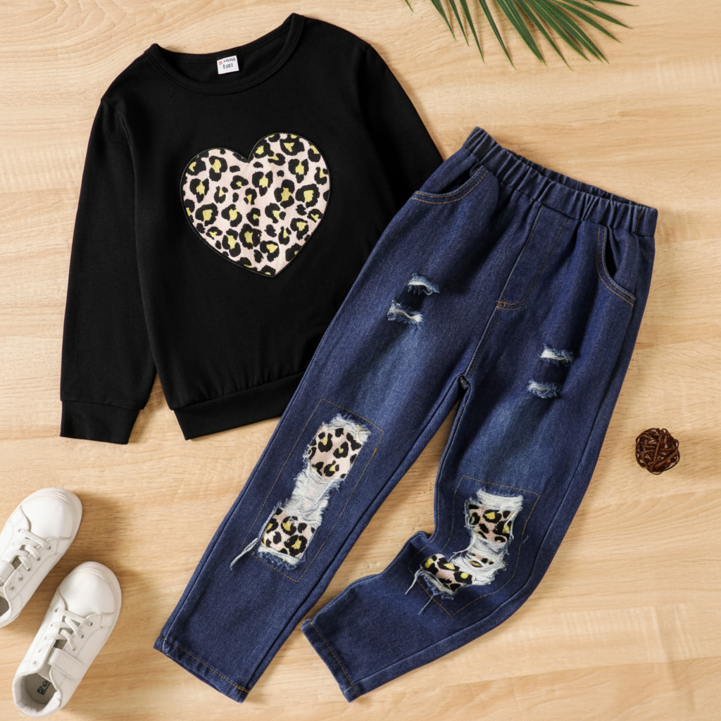 Conjunto de Sudadera con Corazón de Leopardo y Jeans Desgastados (2 piezas)