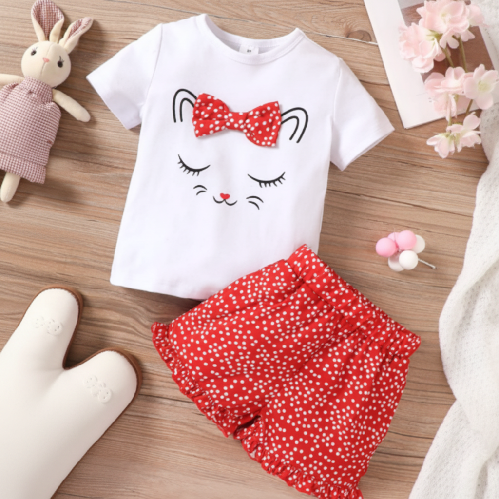Conjunto de Blusa de Gatita y Short a Lunares (2 piezas) (R)