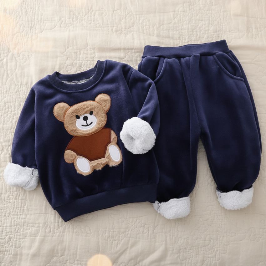 Conjunto de Sudadera y Pants de Felpa con Oso de Peluche (2 piezas)