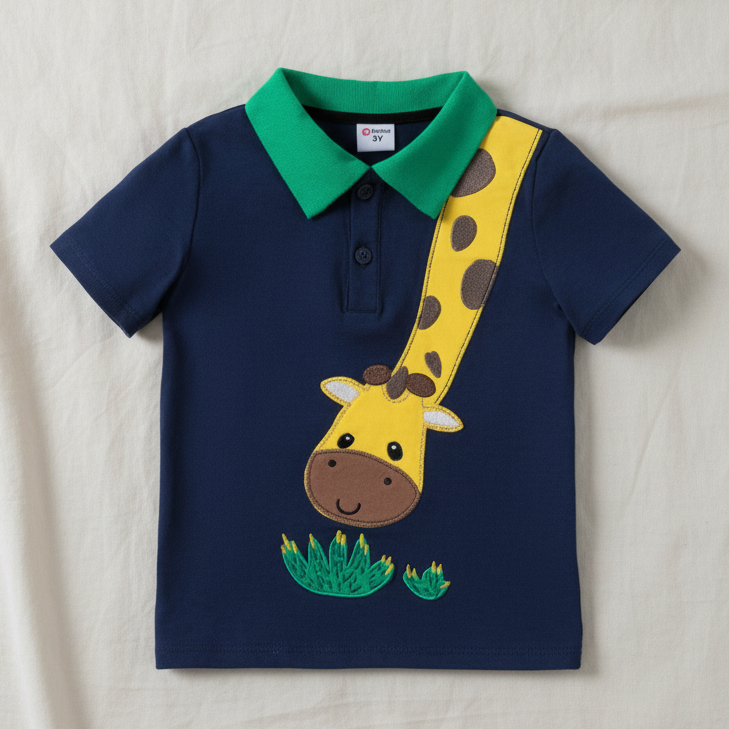 Camisa Tipo Polo Azul Marino con Jirafa Bordada (1 pieza)