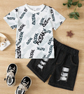 Conjunto de Playera de Grafiti "Break Rules" y Bermudas Rasgadas (2 piezas)
