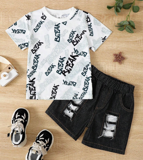 Conjunto de Playera de Grafiti "Break Rules" y Bermudas Rasgadas (2 piezas)