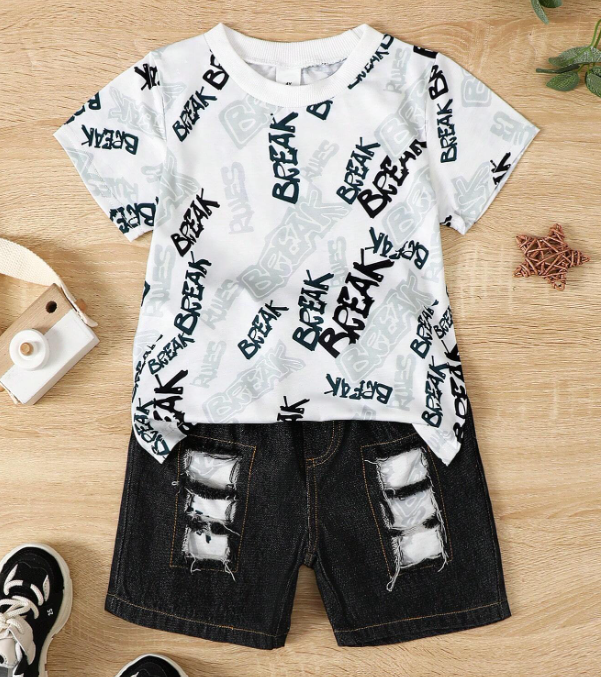 Conjunto de Playera de Grafiti "Break Rules" y Bermudas Rasgadas (2 piezas)