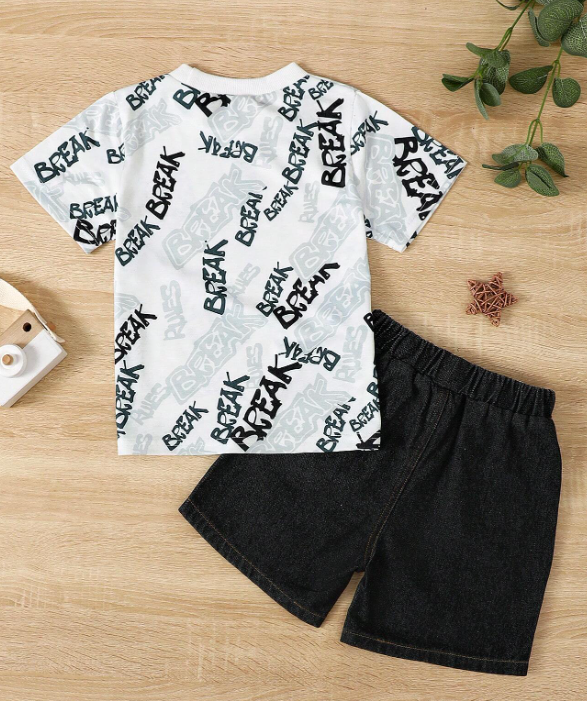 Conjunto de Playera de Grafiti "Break Rules" y Bermudas Rasgadas (2 piezas)