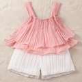 Conjunto Elegante de Blusa Rosada y Short Blanco Plisados (2 piezas)
