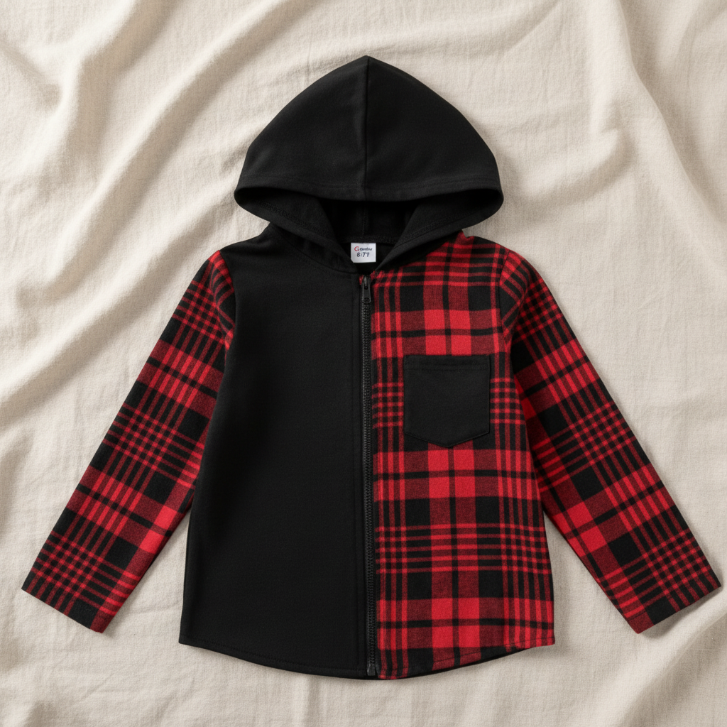Sudadera con Capucha en Diseño Combinado Negro y Cuadros Rojos (1 pieza)