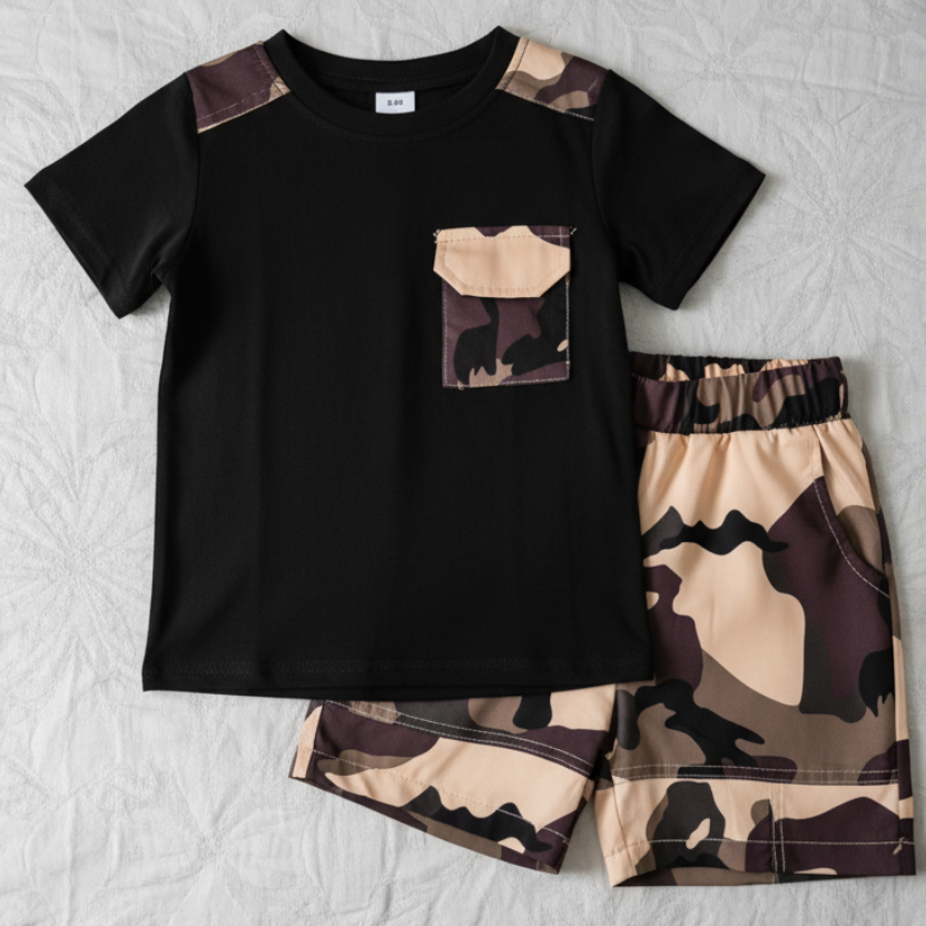 Conjunto Casual de Playera Negra y Short Camuflado (2 piezas)(C)