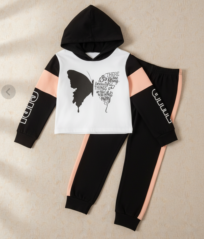 Conjunto de Sudadera Tricolor con Mariposa de Frases y Pants (2 piezas)