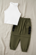 Conjunto Moderno de Top Cuello Alto y Pants Cargo Verde Oliva (2 piezas)