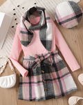 Elegante Conjunto Invernal Rosa y Cuadrícula con Boina (4 piezas)