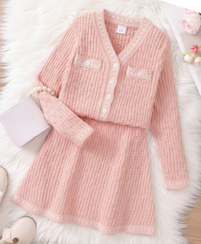 Conjunto de Suéter y Falda Tejida en Tono Rosa Pastel (2 piezas)