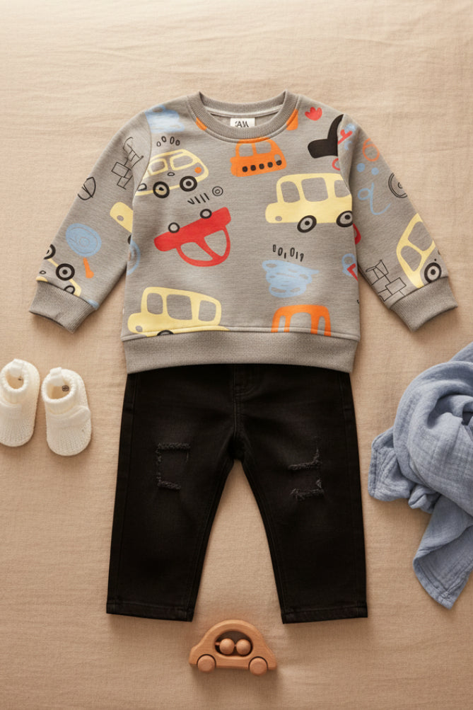 Conjunto de Sudadera de Carritos y Jeans Rasgados