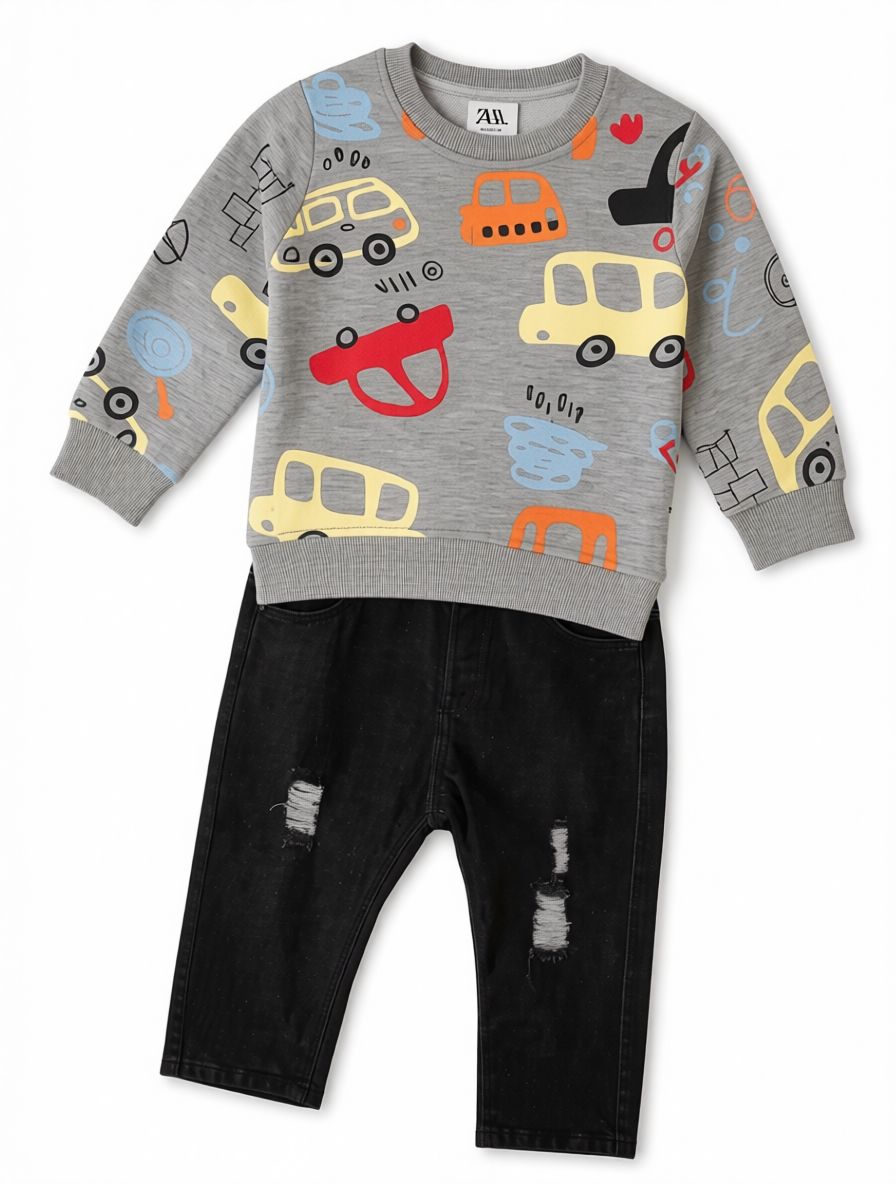 Conjunto de Sudadera de Carritos y Jeans Rasgados